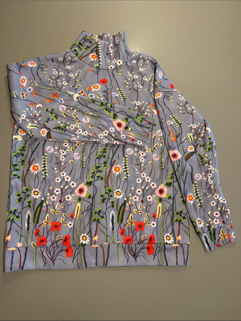 Floral Mock Neck Sweater — Lavender with Red & Pink Blooms
